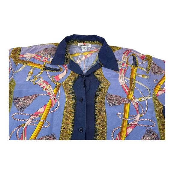 Vintage Stunt Collections Blouse 100% Silk Blue Tassel Ribbon Print Large 80s - Picture 11 of 13